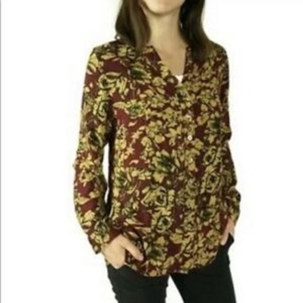 Soft Surroundings Button Up Blouse Tunic Top Floral Red Yellow XS Extra Small